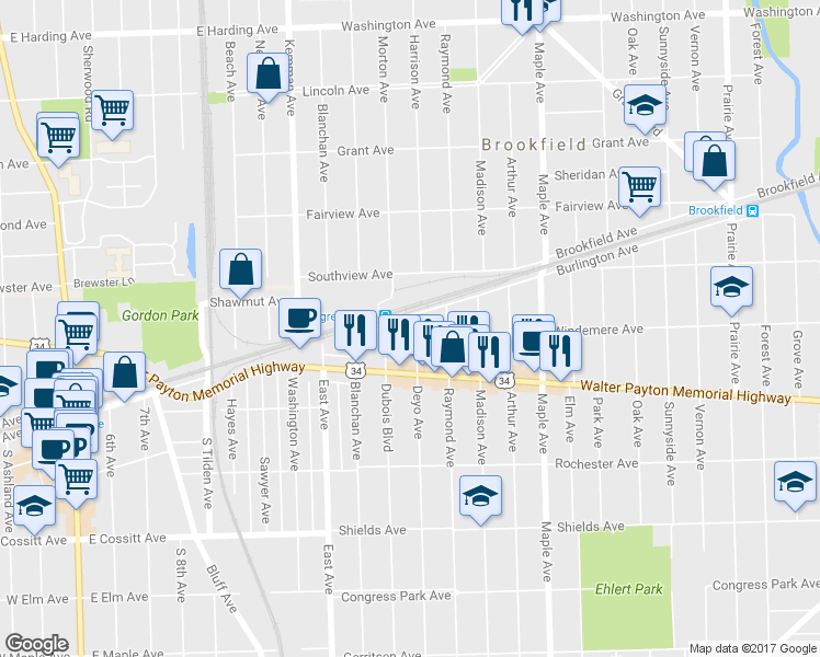 map of restaurants, bars, coffee shops, grocery stores, and more near 3944 Deyo Avenue in Brookfield