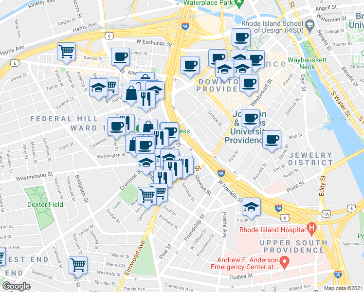map of restaurants, bars, coffee shops, grocery stores, and more near 674 Westminster Street in Providence