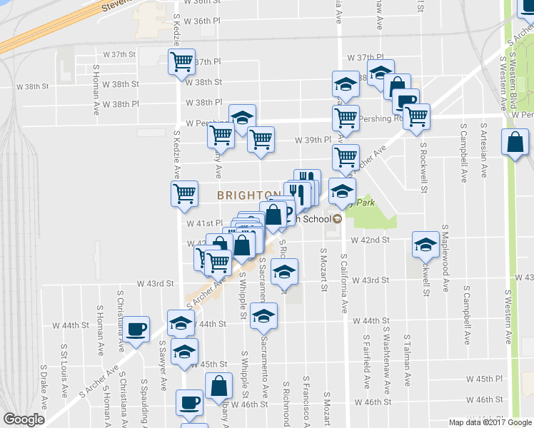 map of restaurants, bars, coffee shops, grocery stores, and more near 4115 South Sacramento Avenue in Chicago