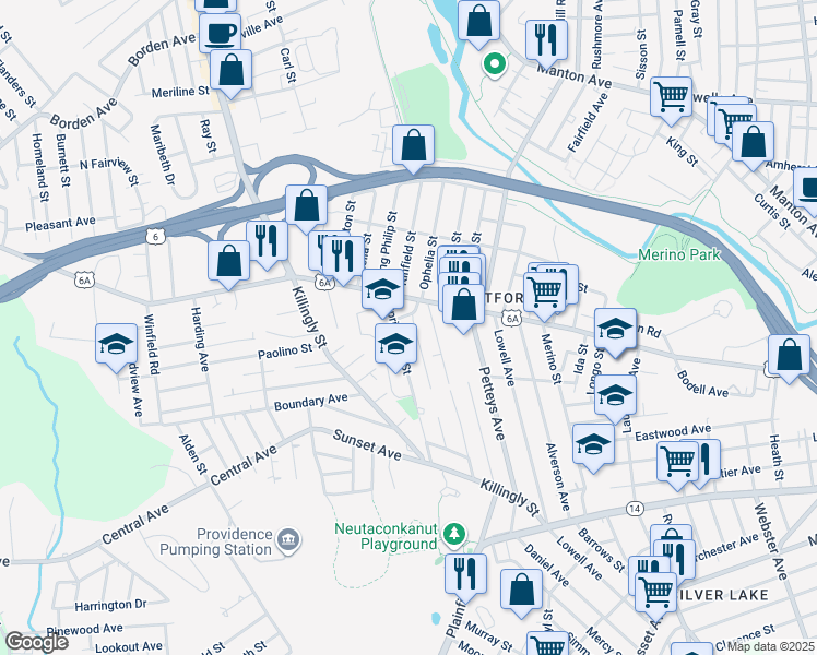 map of restaurants, bars, coffee shops, grocery stores, and more near 82 Ophelia Street in Providence