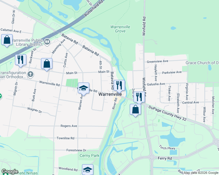 map of restaurants, bars, coffee shops, grocery stores, and more near in Warrenville