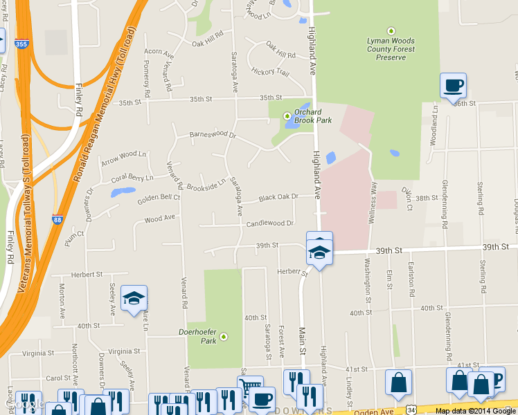 map of restaurants, bars, coffee shops, grocery stores, and more near 1137 Black Oak Drive in Downers Grove