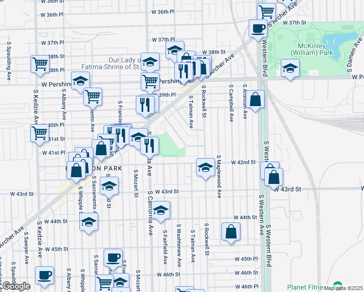 map of restaurants, bars, coffee shops, grocery stores, and more near 4128 South Montgomery Avenue in Chicago