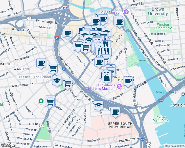 map of restaurants, bars, coffee shops, grocery stores, and more near 259 Pine Street in Providence