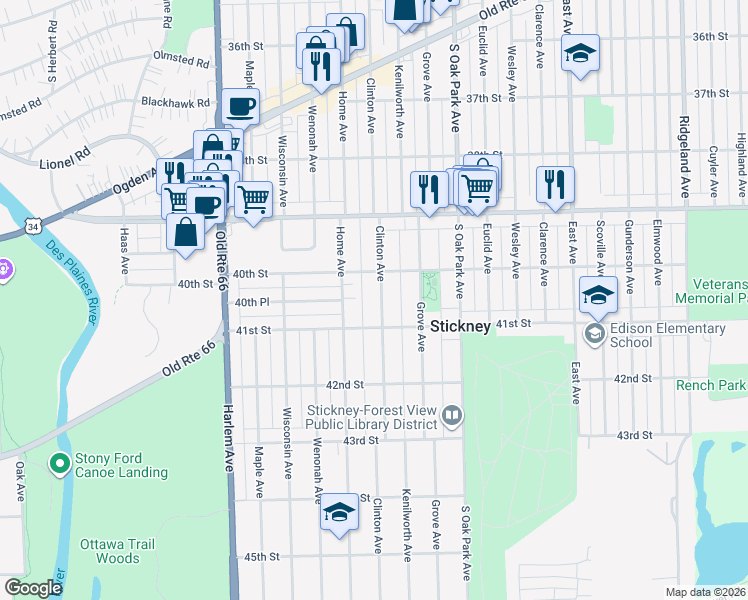 map of restaurants, bars, coffee shops, grocery stores, and more near 4021 Home Avenue in Berwyn