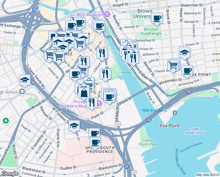 map of restaurants, bars, coffee shops, grocery stores, and more near 342 Eddy Street in Providence