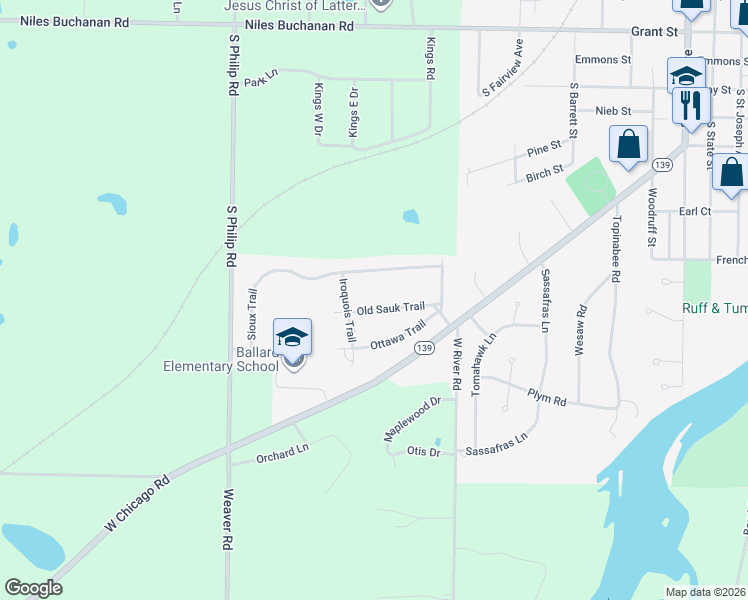 map of restaurants, bars, coffee shops, grocery stores, and more near 1447 Old Sauk Trail in Niles