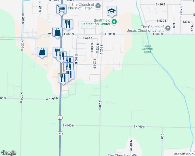 map of restaurants, bars, coffee shops, grocery stores, and more near 879 South 250 East in Smithfield