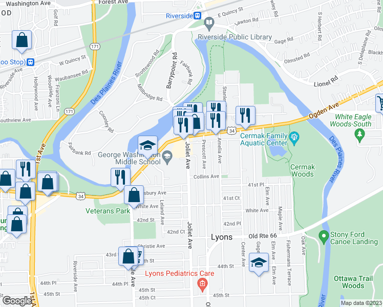 map of restaurants, bars, coffee shops, grocery stores, and more near 4007 Joliet Avenue in Lyons