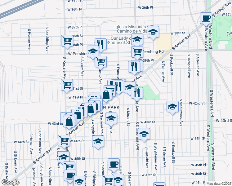 map of restaurants, bars, coffee shops, grocery stores, and more near 4134 South Archer Avenue in Chicago