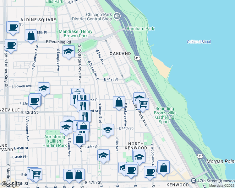 map of restaurants, bars, coffee shops, grocery stores, and more near 4153 South Ellis Avenue in Chicago