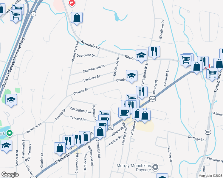 map of restaurants, bars, coffee shops, grocery stores, and more near 264 Meadowview Drive in Torrington