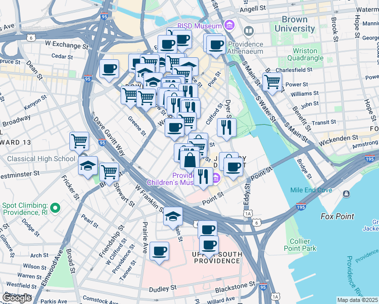 map of restaurants, bars, coffee shops, grocery stores, and more near 145 Clifford Street in Providence