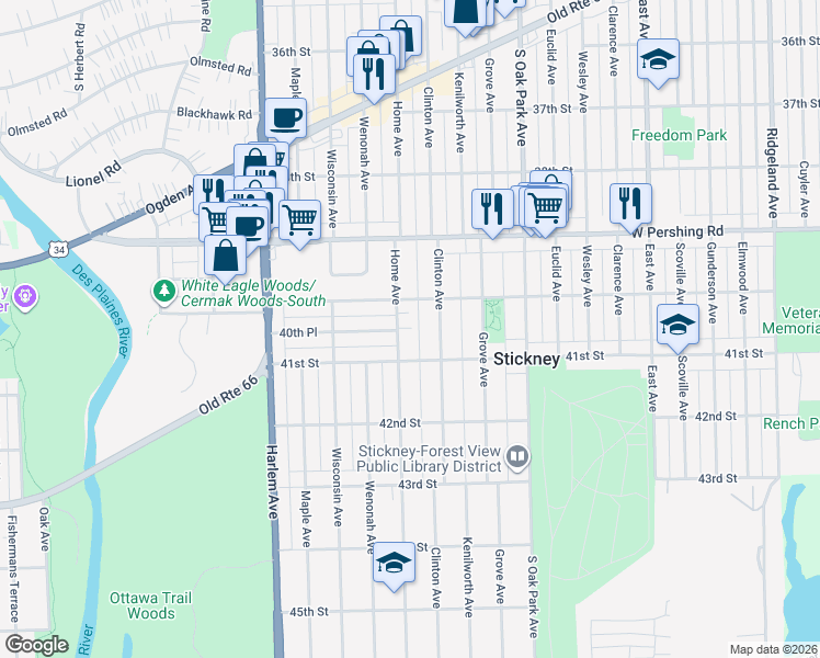map of restaurants, bars, coffee shops, grocery stores, and more near 4021 Home Avenue in Berwyn