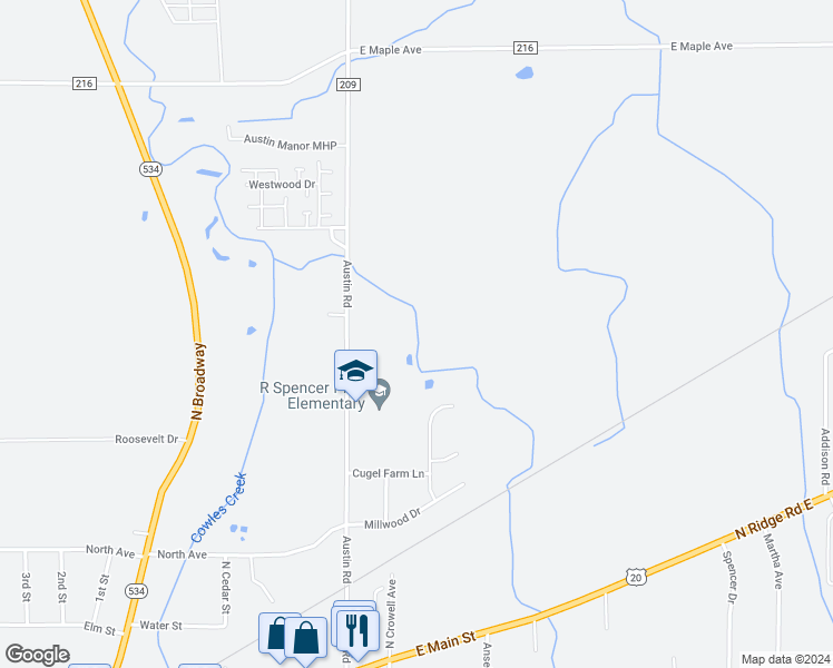 map of restaurants, bars, coffee shops, grocery stores, and more near 3462 Austin Road in Geneva