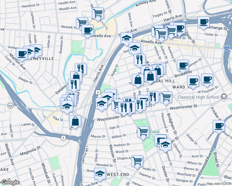 map of restaurants, bars, coffee shops, grocery stores, and more near 2 Bell Street in Providence