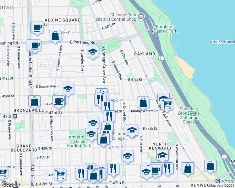 map of restaurants, bars, coffee shops, grocery stores, and more near 4158 South Drexel Boulevard in Chicago