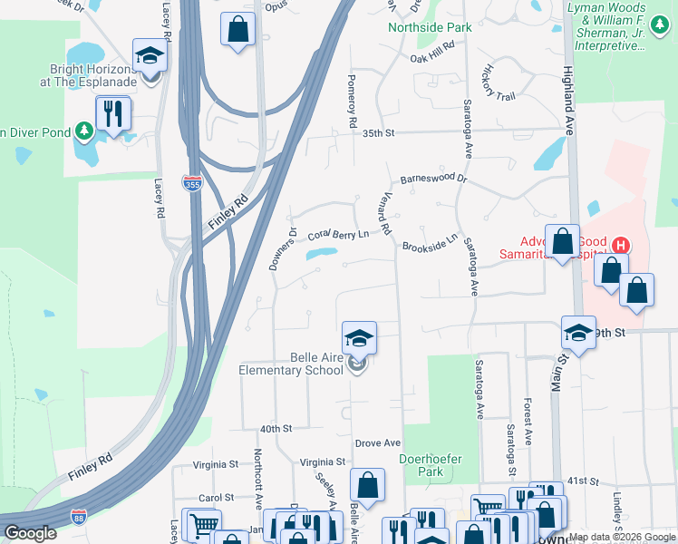 map of restaurants, bars, coffee shops, grocery stores, and more near 1481 Golden Bell Court in Downers Grove