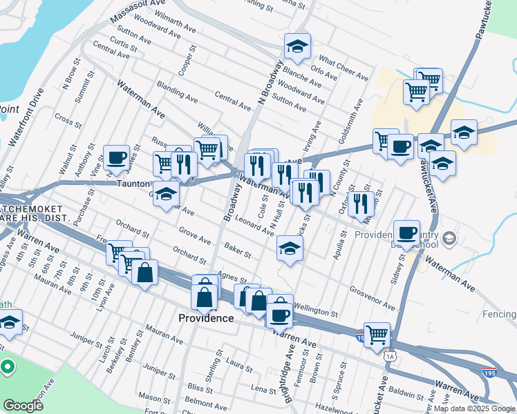 map of restaurants, bars, coffee shops, grocery stores, and more near 41R Cole Street in East Providence