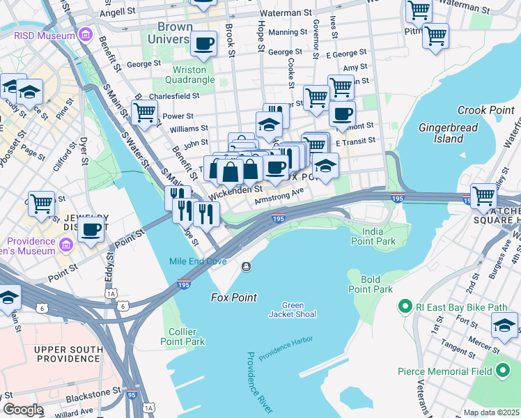 map of restaurants, bars, coffee shops, grocery stores, and more near 118 George M Cohan Boulevard in Providence