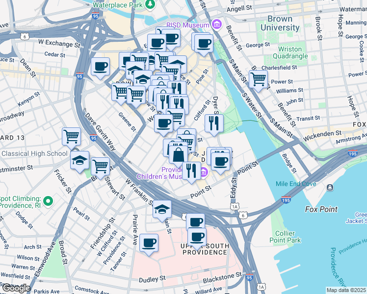 map of restaurants, bars, coffee shops, grocery stores, and more near 137 Chestnut Street in Providence