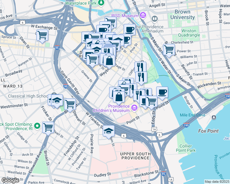 map of restaurants, bars, coffee shops, grocery stores, and more near 145 Clifford Street in Providence