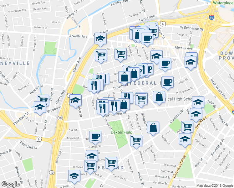 map of restaurants, bars, coffee shops, grocery stores, and more near 8 Armenia Street in Providence
