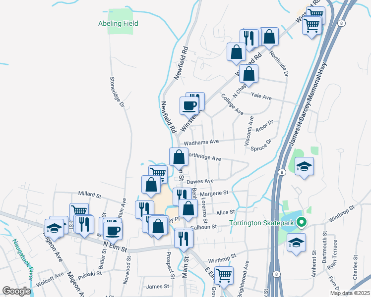 map of restaurants, bars, coffee shops, grocery stores, and more near 883 Main Street in Torrington