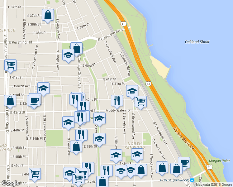 map of restaurants, bars, coffee shops, grocery stores, and more near 4157 South Ellis Avenue in Chicago