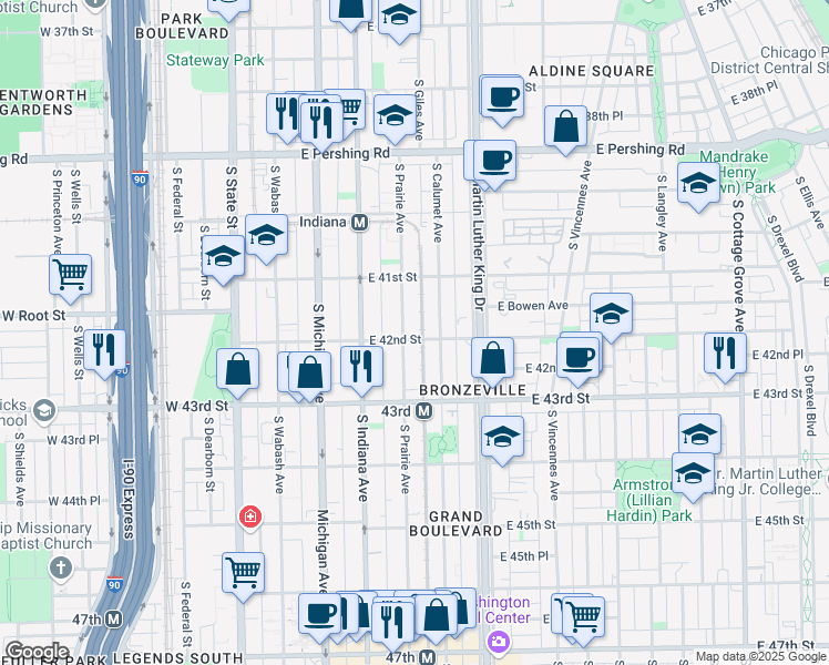 map of restaurants, bars, coffee shops, grocery stores, and more near 4155 South Prairie Avenue in Chicago