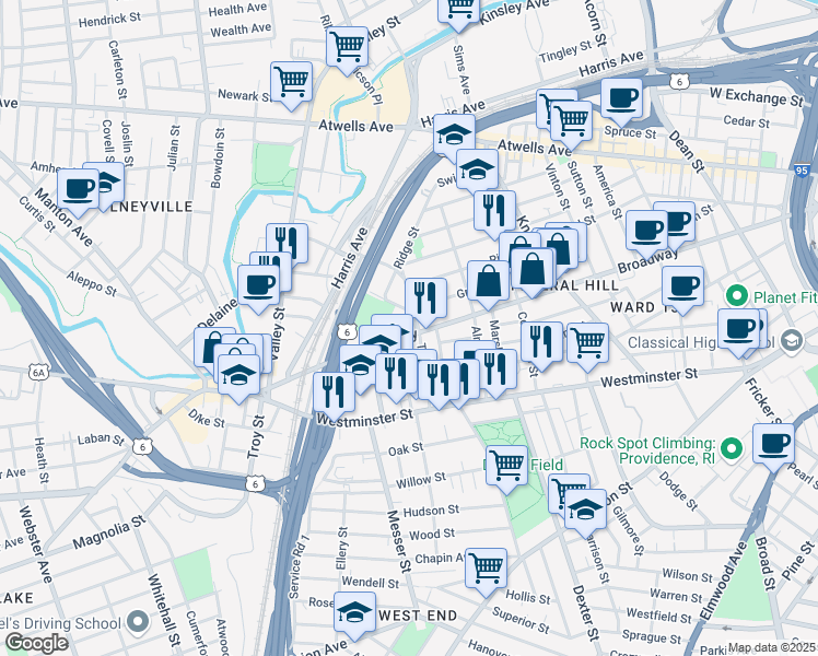 map of restaurants, bars, coffee shops, grocery stores, and more near 513 Broadway in Providence