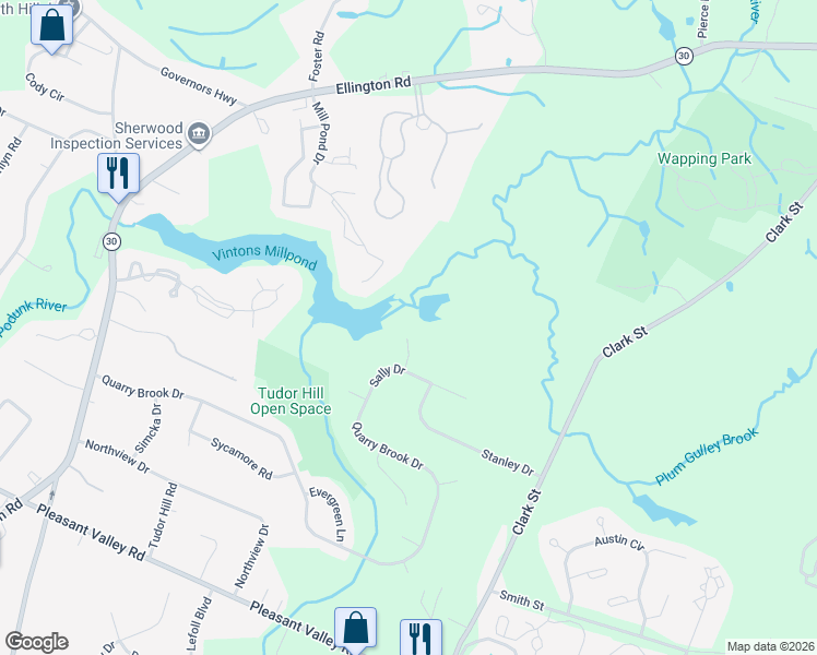 map of restaurants, bars, coffee shops, grocery stores, and more near 31 Victor Lane in South Windsor