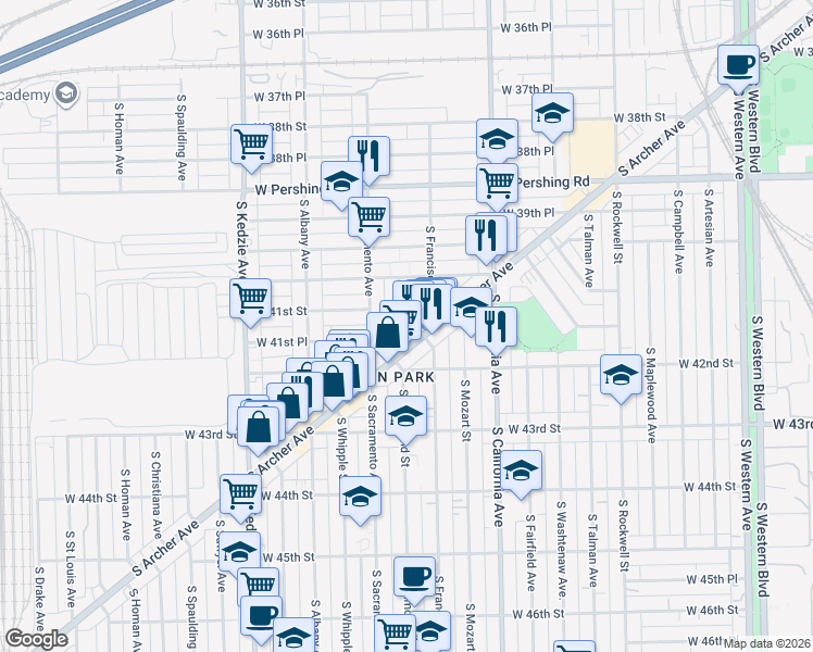 map of restaurants, bars, coffee shops, grocery stores, and more near 4134 South Archer Avenue in Chicago