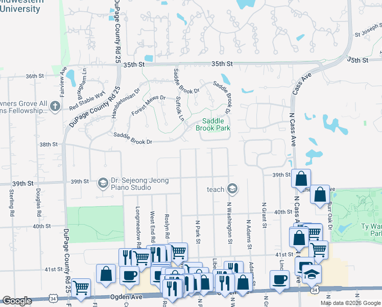 map of restaurants, bars, coffee shops, grocery stores, and more near 3805 North Williams Street in Westmont