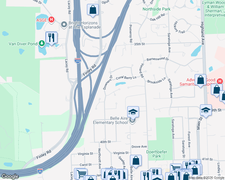 map of restaurants, bars, coffee shops, grocery stores, and more near 1540 Snowberry Court in Downers Grove
