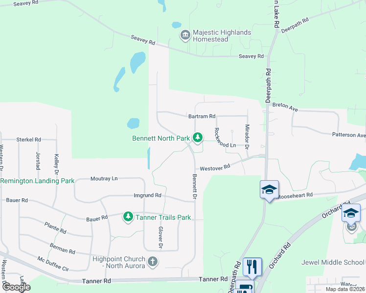 map of restaurants, bars, coffee shops, grocery stores, and more near 816 Bennett Drive in North Aurora