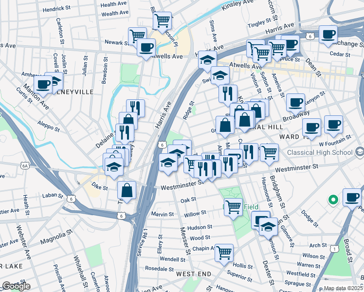map of restaurants, bars, coffee shops, grocery stores, and more near Bell Street in Providence