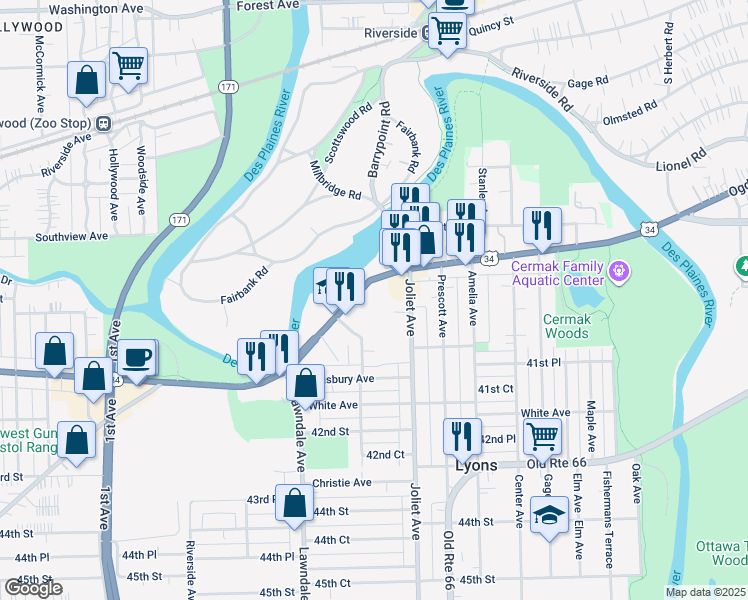 map of restaurants, bars, coffee shops, grocery stores, and more near 8057 Joliet Avenue in Lyons
