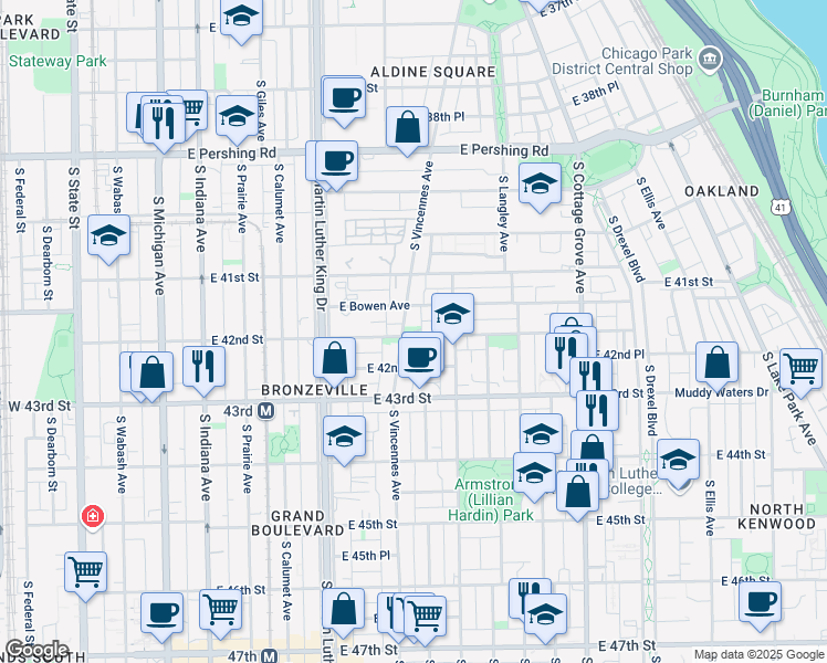 map of restaurants, bars, coffee shops, grocery stores, and more near 4153 South Vincennes Avenue in Chicago