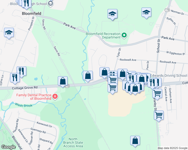 map of restaurants, bars, coffee shops, grocery stores, and more near 16 Lincoln Terrace in Bloomfield