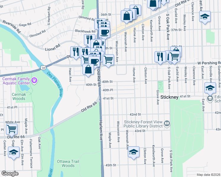 map of restaurants, bars, coffee shops, grocery stores, and more near 7118 40th Place in Stickney