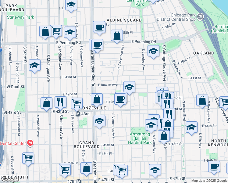 map of restaurants, bars, coffee shops, grocery stores, and more near 4153 South Vincennes Avenue in Chicago