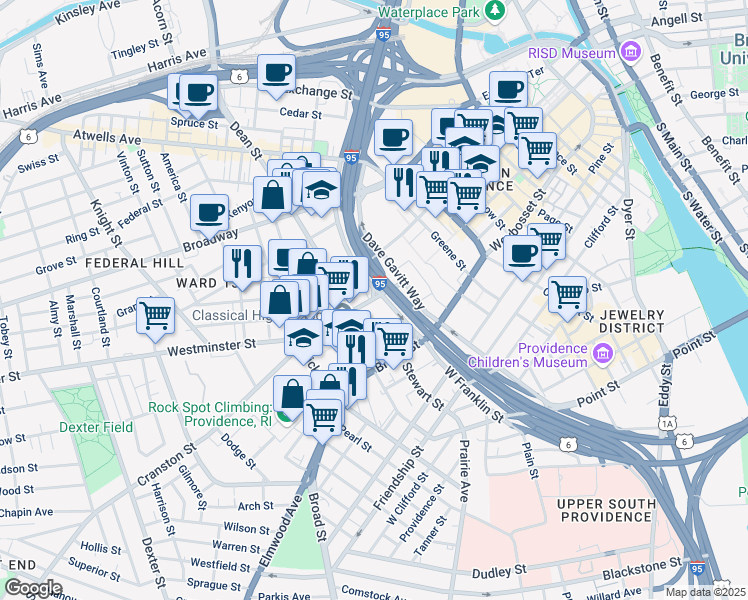 map of restaurants, bars, coffee shops, grocery stores, and more near 674 Westminster Street in Providence