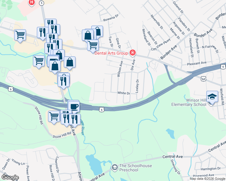 map of restaurants, bars, coffee shops, grocery stores, and more near 18 Pembroke Drive in Johnston