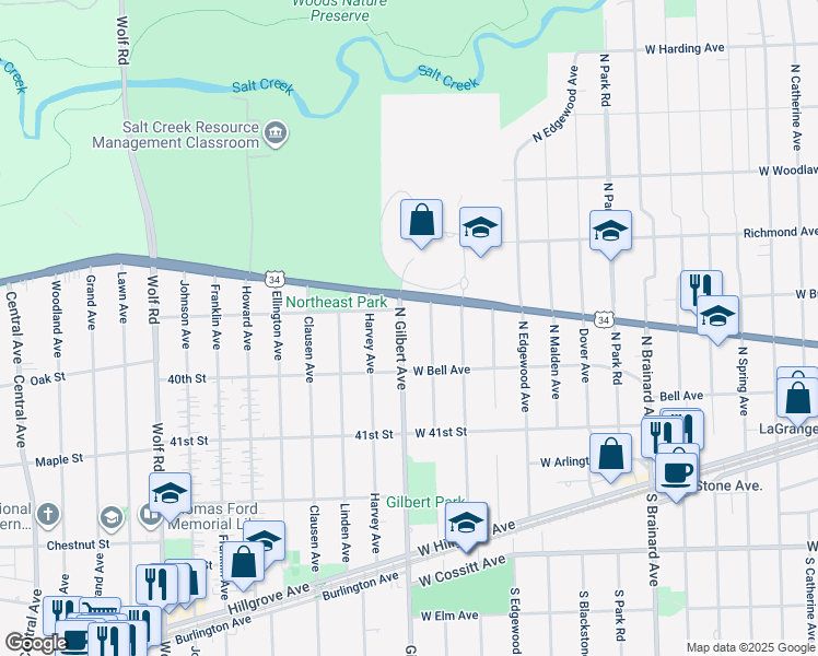 map of restaurants, bars, coffee shops, grocery stores, and more near 133 North Gilbert Avenue in La Grange