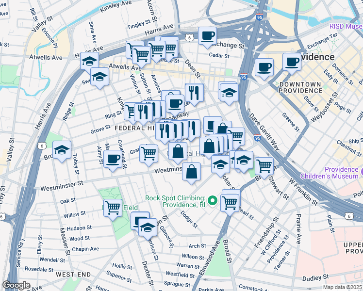 map of restaurants, bars, coffee shops, grocery stores, and more near 469 West Fountain Street in Providence