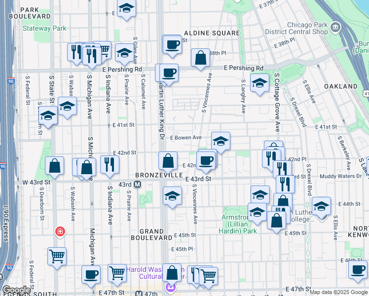 map of restaurants, bars, coffee shops, grocery stores, and more near 440 East 42nd Street in Chicago