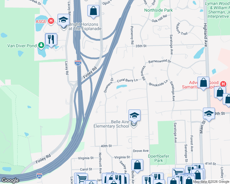 map of restaurants, bars, coffee shops, grocery stores, and more near 1540 Snowberry Court in Downers Grove