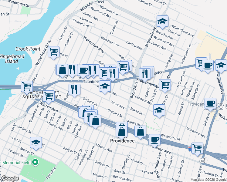 map of restaurants, bars, coffee shops, grocery stores, and more near 77 Grosvenor Avenue in East Providence