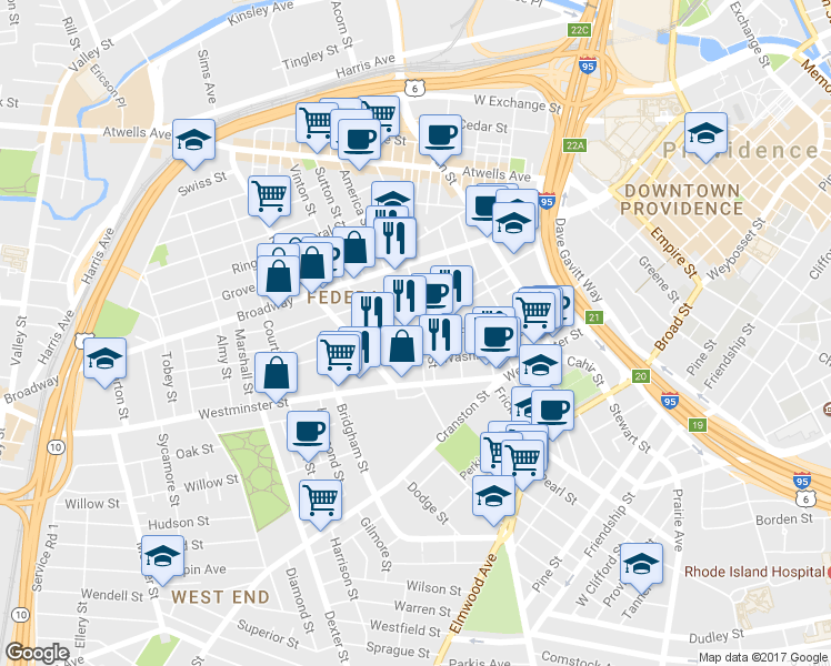 map of restaurants, bars, coffee shops, grocery stores, and more near 470 West Fountain Street in Providence